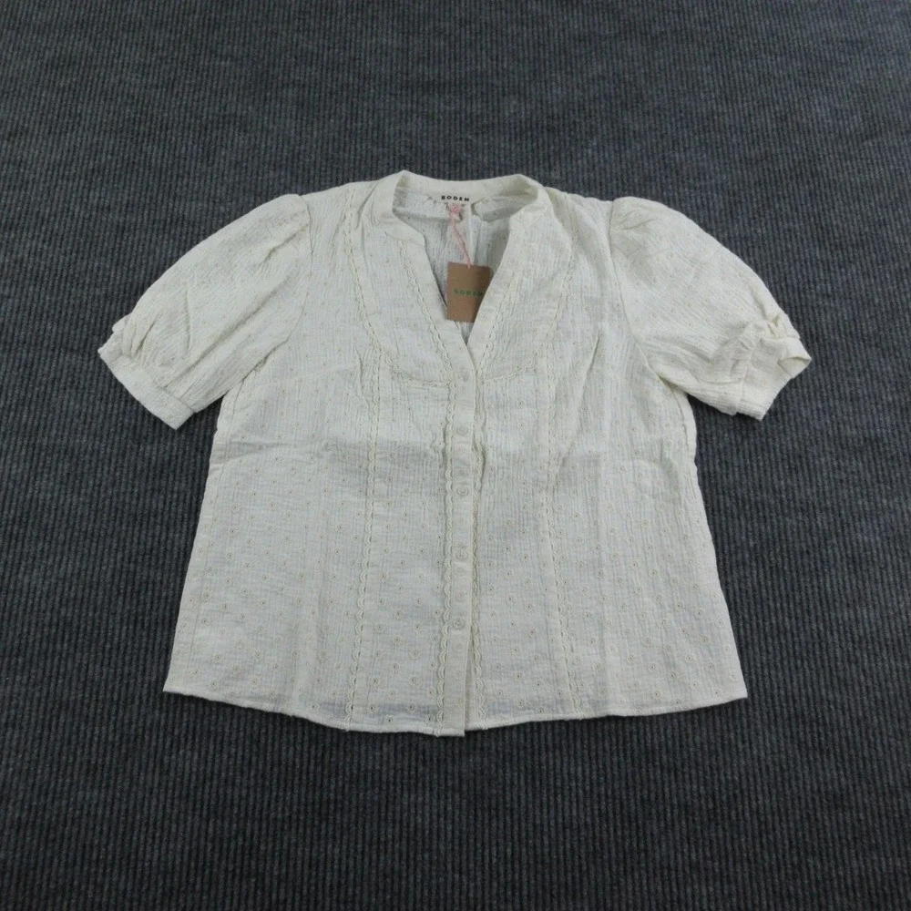 Boden Blouse Womens 8 Off-White Tunic Puff Sleeve Embroidered Crochet Lined NWT